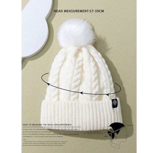 White Knit Beanie Hat Faux Fur Pom Pom - Picture 4 of 4